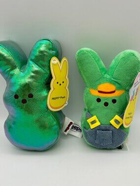 PEEPS Iridescent Green & Green Marshmallow-Scented Farmer Easter Plush Toys NWT